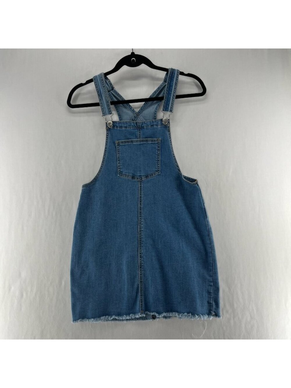 Denim Blvd Bib Overall Dress Size S Mini Jean Jumper Medium Wash Frayed Hem Blue